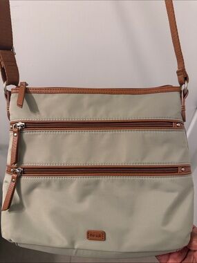 The Sak Beige Messenger Bag with Brown Trim